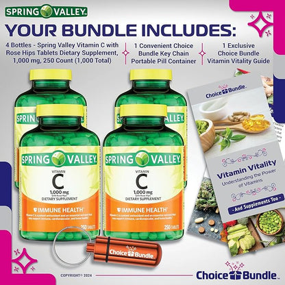 Spring Valley Vitamin C with Rose HIPS Tablets Dietary Supplement 1,000 mg 250 ct 4 pk (1000 Total) + Vitamin Guide & Pill Container (6 Items)!