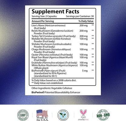 Research Verified Mushroom Complex - Support Immunity, Boost Antioxidants, Improve Cognitive Function - 10 Mushrooms Including Reishi, Maitake, and Shiitake - 60 Capsules - Vegan