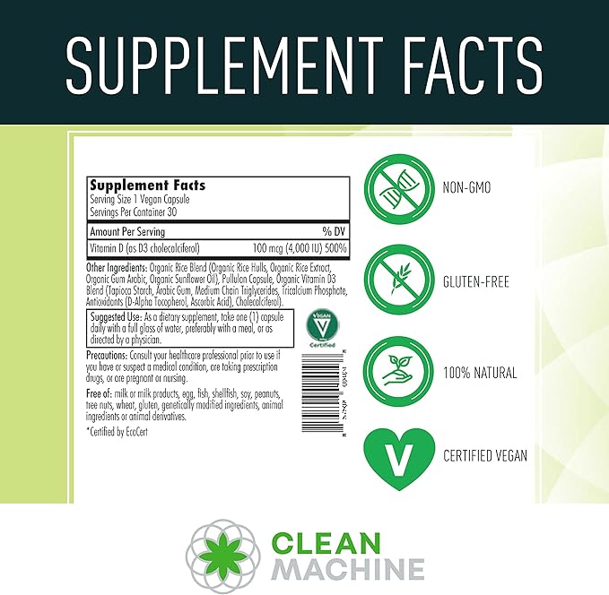 CLEAN MACHINE Certified Organic Vegan Plant Based Vitamin D3 4000 IU per Pill - Natural D3 Supplement for Optimal Health - 30 Vegan Capsules (USDA Certified Organic)