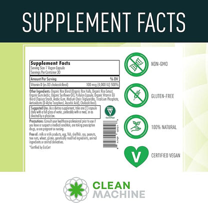 CLEAN MACHINE Certified Organic Vegan Plant Based Vitamin D3 4000 IU per Pill - Natural D3 Supplement for Optimal Health - 30 Vegan Capsules (USDA Certified Organic)