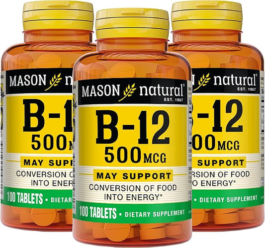 MASON NATURAL Vitamin B12 500 mcg with Calcium, Supports Energy & Nerve Health, 100 Tablets, Pack of 3