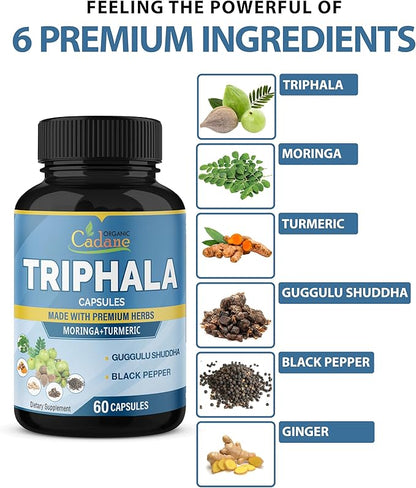 Organic Cadane Triphala Extract Capsules - 6 Premium Ingredients Complex with Turmeric, Moringa, Guggul, Ginger, and Black Pepper - 60 Caps for 2 Months Supply