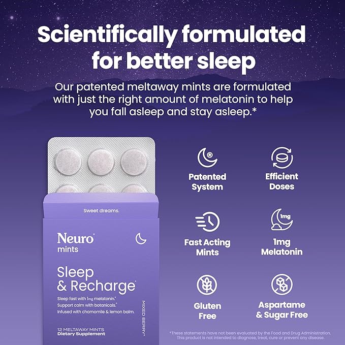 Neuro Melatonin 1 mg Sleep & Recharge Mints (72 Pieces) - Fast Dissolve Melatonin Sugar Free Mints with Lemon Balm & Chamomile for Better Sleep - Calm Sleep Supplement - Mixed Berry Flavor