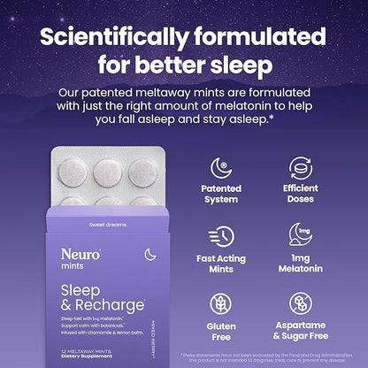 Neuro Melatonin 1 mg Sleep & Recharge Mints (144 Pieces) - Fast Dissolve Melatonin Sugar Free Mints with Lemon Balm & Chamomile for Better Sleep - Calm Sleep Supplement - Mixed Berry Flavor