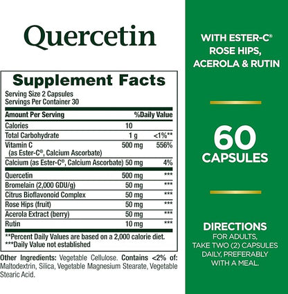 Nature's Bounty Quercetin, Immune Support, 500mg, with Vitamin C, Rose HIPS, & Rutin, 60 Count