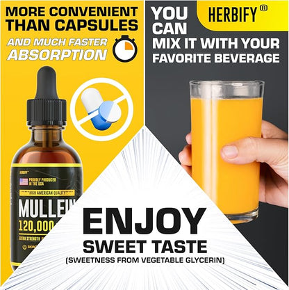 HERBIFY Mullein Drops - Lung Cleanse - Leaf Extract - Powerful Mullein for Immune Support,Detox & Respiratory Support - Made in USA - Herbal Supplements - 4 Oz