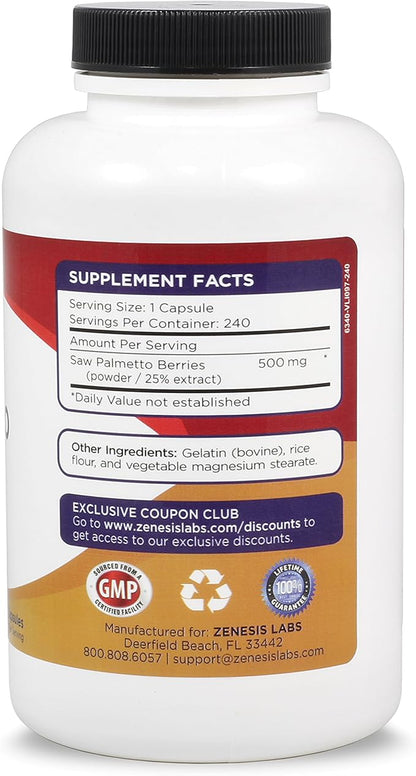 Zenesis Labs Saw Palmetto Extract - 240 Capsules - 500mg/capsule - 200% More Capsules Than Most Competitors
