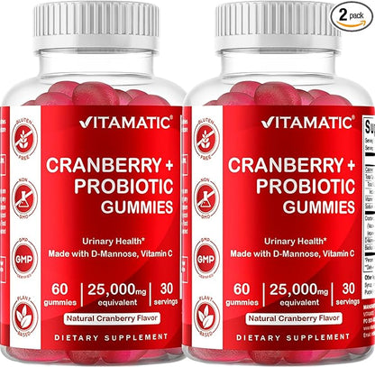 Vitamatic 2 Pack Vegan Cranberry Gummies with D-Mannose, Probiotic & Vitamin C for Women Urinary Tract Health - 25000mg Equivalent Per Serving (from 50:1 Extract 500 mg) - 60 Count