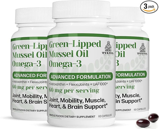 TURNER New Zealand Green Lipped Omega-3 Mussel Oil, 53x Higher Potency with UAF1000+ Super Antioxidant for Superior Joint Comfort & Mobility, No Fishy Aftertaste, 3 Bottles, 180 Softgels