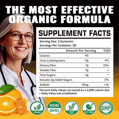 Prebiotic Fiber Gummies for Adults, 7G Extra Strength, Zero Sugar Added, 90 Pectin Based Gummies, Digestive Health -Orange