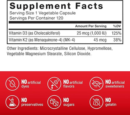 FORCE FACTOR Vitamin D3 K2 to Support Immunity, Heart Health, Bone Support, and More, High-Potency 2-in-1 Formula, Vegan, No Gelatin, Non-GMO, 120 Capsules
