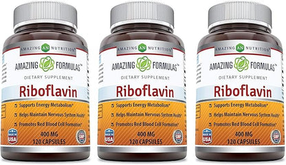 Amazing Formulas Riboflavin 400 mg Capsules | Vitamin B2 Supplement | Non-GMO | Gluten Free | Made in USA (120 Count | 3 Pack)
