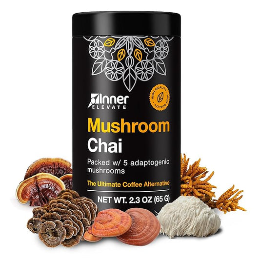 Inner Elevate Mushroom Chai - Ultimate Coffee Alternative - Adaptogenic Mushroom Tea Drink with Lion's Mane, Cordyceps, Chaga, Reishi, Turkey Tail (35 Servings)