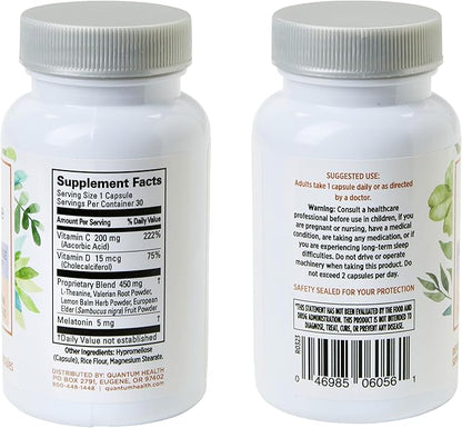 Quantum Health Sleep Immune Melatonin 5mg Support Supplement L Theanine Valerian Root + Elderberry Vitamin C & D Immunity Boost Daily Whole Body Wellness for Women & Men - 30 Capsules