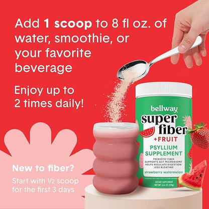 Bellway Super Fiber Powder + Fruit, Sugar Free Organic Psyllium Husk Powder Fiber Supplement for Regularity, Bloating Relief & Gut Health, Non-GMO, Plant-Based, Strawberry Watermelon (50 Servings)