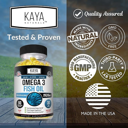 Kaya Naturals Omega 3 Supplement - Nature Made Omega 3 Fish Oil - 100% Pure Sea-Harvested Pelagic Fish Oil with No Fishy Aftertaste - 60 Count Softgels