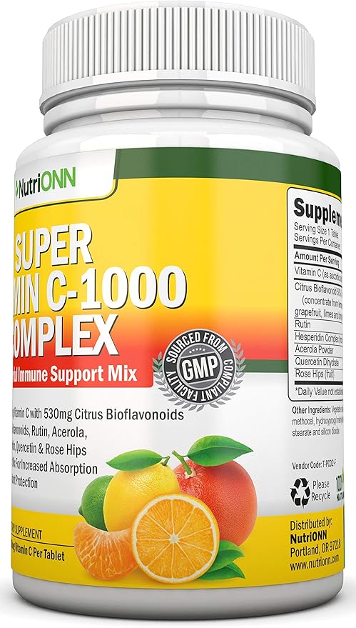 Super Vitamin C Complex - 1695Mg - 180 Tablets - With 530 mg Natural Citrus Bioflavonoids, Rose Hips, Rutin, Quercetin & Hesperidin For Increased Absorption - Advanced Immune Support - Non-GMO