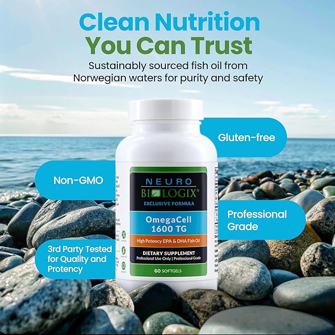 OmegaCell 1600 TG - High-Potency Omega 3 Supplement with 1:1 EPA & DHA Ratio - Premium, Sustainably Sourced Fish Oil from Norwegian Waters - Non-GMO & Gluten-Free Fish Oil Supplement - 60 Soft Gels