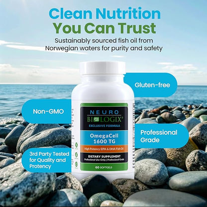 OmegaCell 1600 TG - High-Potency Omega 3 Supplement with 1:1 EPA & DHA Ratio - Premium, Sustainably Sourced Fish Oil from Norwegian Waters - Non-GMO & Gluten-Free Fish Oil Supplement - 60 Soft Gels