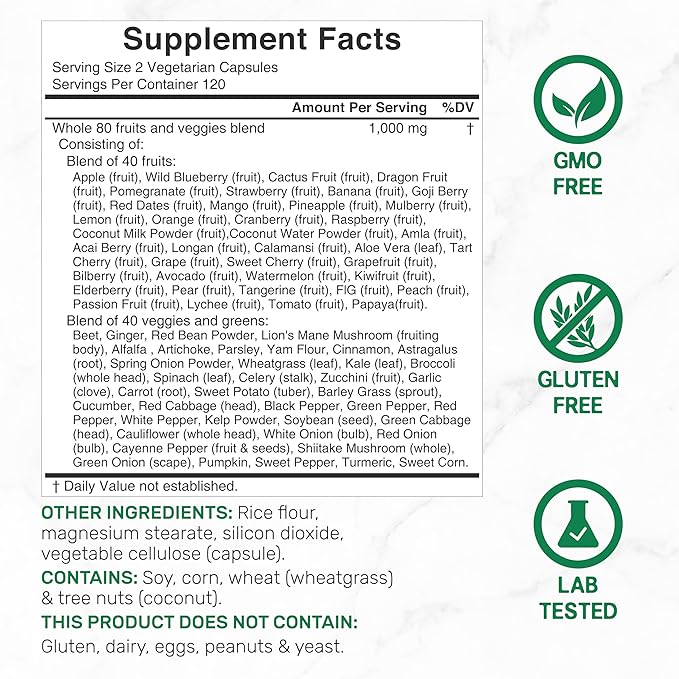 Nature’s Fruits & Veggies Supplement, 240 Veggie Capsules – 80 Whole Food Superfoods for Daily Balance – 40 Fruits with 40 Vegetables and Greens – Non-GMO, Gluten Free