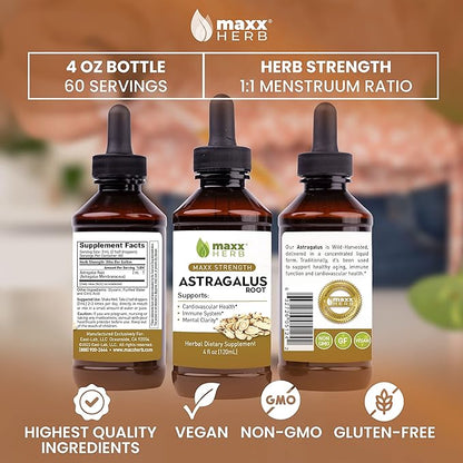 Maxx Herb Astragalus Root Extract - Max Strength Liquid Tincture Absorbs Better Than Capsules or Powder, for Immune Support and Mental Clarity - 4 Oz Bottle (60 Servings)