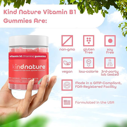 Kind Nature Vitamin B1 Gummies 500mg – High Potency Thiamine Supplement for Energy, Focus & Nervous System – Vegan, Non-GMO Chewable B1 Vitamins for Adults & Kids – Natural Strawberry Flavor – 60 Ct