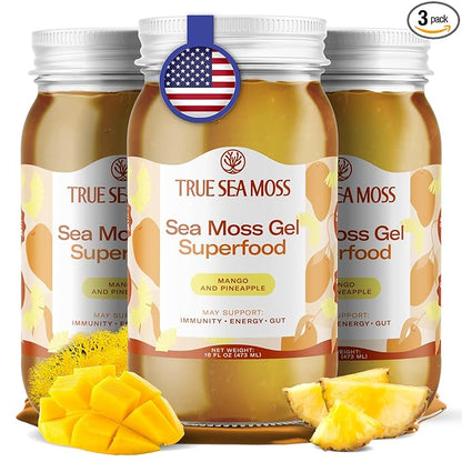 TrueSeaMoss Wildcrafted Irish Sea Moss Gel - Made with Dried Seaweed & Fresh Sea Vegetables, Seamoss, Antioxidant Supports Digestion - Made in USA (Mango/Pineapple, Pack of 3)