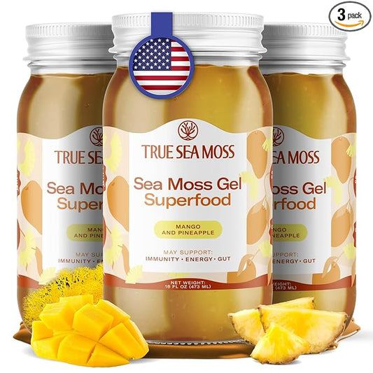 TrueSeaMoss Wildcrafted Irish Sea Moss Gel - Made with Dried Seaweed & Fresh Sea Vegetables, Seamoss, Antioxidant Supports Digestion - Made in USA (Mango/Pineapple, Pack of 3)