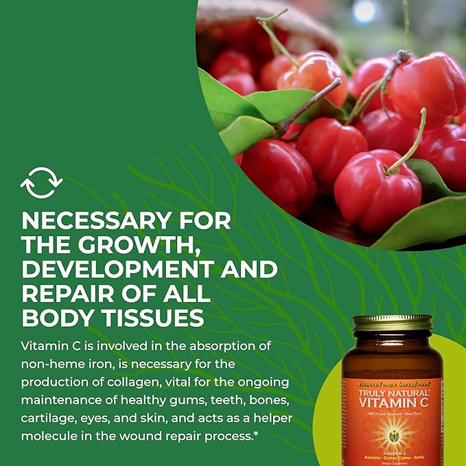 HEALTHFORCE SUPERFOODS Truly Natural Vitamin C - Immune Support Supplement with Camu Camu Berry - Vitamin C Supplement for Immune Health - Vegan, Non-GMO - 180 Grams, 30 Servings