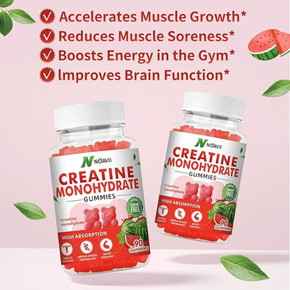 Creatine Monohydrate Gummies 5000mg for Men & Women, Chewables Creatine Monohydrate for Muscle Strength, Muscle Builder, Energy Boost, Pre-Workout Supplement-90 Watermelon
