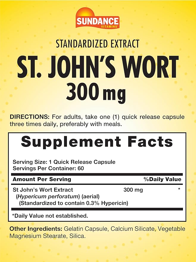 Sundance St. John's Wort Capsules | 300mg | 60 Count | Non-GMO and Gluten Free Standardized Extract