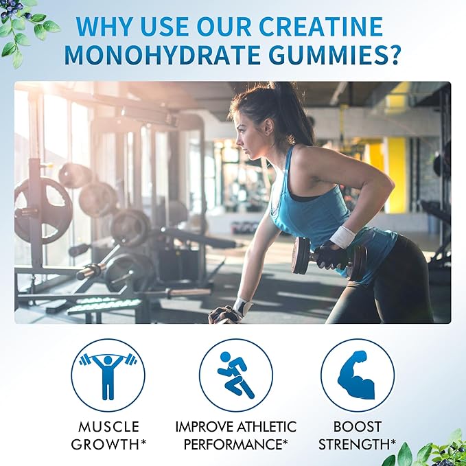 Creatine Monohydrate Gummies 5000mg for Men & Women, Chewables Creatine Monohydrate for Muscle Strength, Muscle Builder, Energy Boost, Pre-Workout Supplement(90 Count)-Blueberry