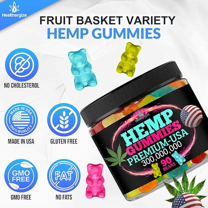 Hemp Gummies for Relaxation and Rest-Natural Hemp Oil Gummies, Fresh Fruity Flavors Tasty Relief-Made in USA-High Potency Gummy Edibles-Extra Strength 90 Bears