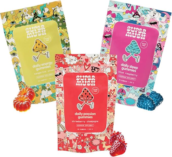 Daily Gummies (Trio Bundle) - Daily Passion, Energy, & Sleep - Mushroom Gummies - Natural, Organic, Vegan, & Sugar-Free Mushroom Supplement - Ashwagandha Supplements with Cordyceps