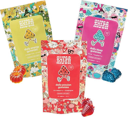 Daily Gummies (Trio Bundle) - Daily Passion, Energy, & Sleep - Mushroom Gummies - Natural, Organic, Vegan, & Sugar-Free Mushroom Supplement - Ashwagandha Supplements with Cordyceps