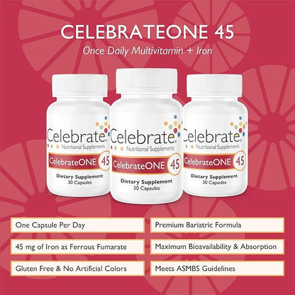 Celebrate Vitamins CelebrateONE 45, 45mg Iron - One A Day Bariatric Multivitamin, Essential Vitamins & Minerals - Gastric Bypass & Sleeve Gastrectomy Supplement (90 Capsules)