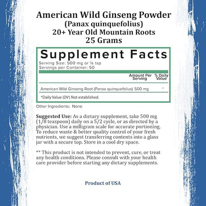 Holistic Bin Wild American Ginseng Powder Pure Organic Ginseng Supplement Made with Wild Harvested 20+ Year Old Roots from Appalachia (Panax Quinquefolius) | No Fillers or Additives (25 Grams)
