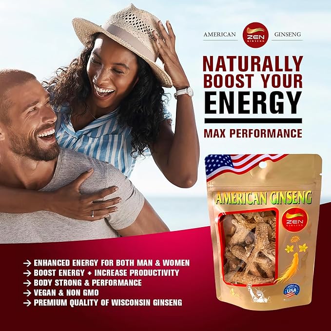 Zen Ginseng - 4 oz Bag of Untrimmed American Ginseng - Non-GMO, Gluten Free. Add This Ginseng in Soup, Tea, Coffee, juices, Smoothies and Baking (Barrel Root 4 oz Bag)
