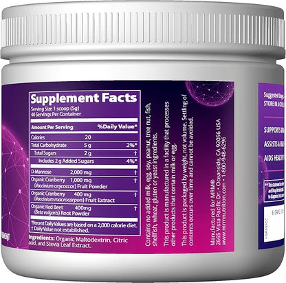 MRM Nutrition D-Mannose + Cranberry | Cranberry Flavored | Urinary Tract + Bladder Health | Low-Sugar | Gluten Free + Vegan | 40 Servings
