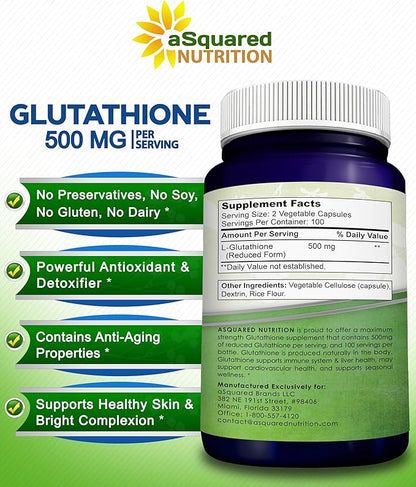 aSquared Nutrition Reduced Glutathione 500mg Per Serving Supplement -200 Capsules -L-Glutathione Antioxidant to Support Liver Health & Detox - Max Strength Powder Pills to Help Immune & Brain Function