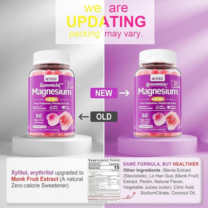 Magnesium Complex Filled Gummies 400mg - Magnesium Citrate, Glycinate, Malate, Chloride & Taurate - Supplement Magnesium with Ashwagandha Vitamin D3 & Zinc for Muscle, Mood & Energy, Sugar Free, 2Pack