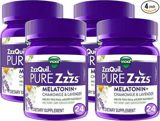 ZzzQuil Pure Zzzs, Melatonin Sleep Aid Gummies with Lavender, Valerian Root and Chamomile, Natural Wildberry Vanilla Flavor, Non-Habit Forming, Drug-Free, 24 Gummies (Pack of 4)