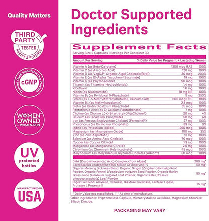 Pink Stork Premium Prenatal Vitamin for Women - Organic Whole-Food Ingredients, Multivitamin & Probiotics - Morning Sickness, Digestion, & Energy - Folate, B6, & Iron - 60 Capsules