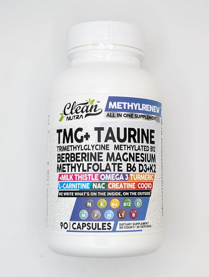 Clean Nutra Methylated Multivitamin for Women Men TMG Taurine Supplement + B6 Vitamins, B12, D3 K2, Magnesium Methylfolate Milk Thistle Omega 3 Turmeric NAC L Carnitine Creatine COQ10 B Complex Caps