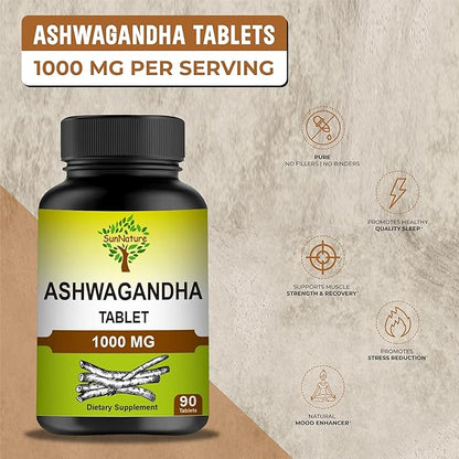 Ashwagandha Tablets, 1000mg | 100% Natural Ashwagandha & Withanolide | Stress Relief Rejuvenates Mind & Body Improves Strength & Energy for Men & Women| 90 Tablets, 45 Days Supply
