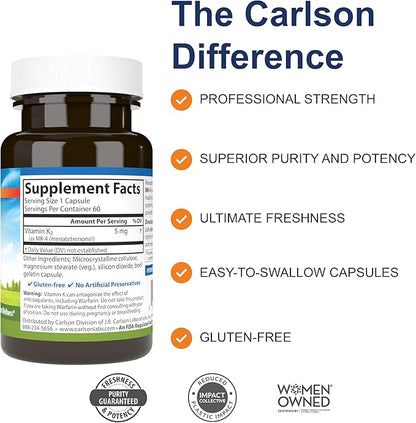 Carlson - Vitamin K2, MK-4 (Menatetrenone), Vitamin K Supplement, Bone & Heart Health, K2 Vitamin, Soy-free, 60 capsules