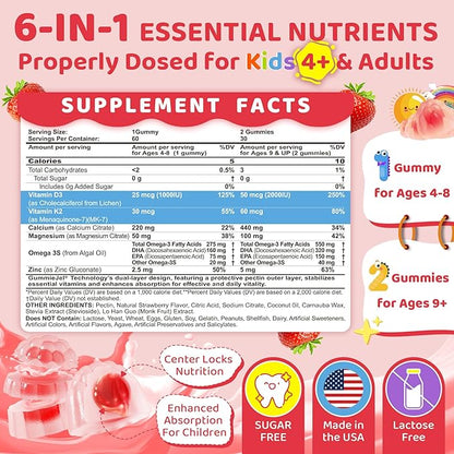 Vitamin D3 K2 Filled Gummies for Kids & Adults, 1000IU/2000IU D3 + K2(MK-7) with Calcium, Magnesium & Algal Omega 3(EPA/DHA) for Bones, Teeth, Muscles, Brain, Low-dose Vitamins, Sugar-Free, 60 Chews