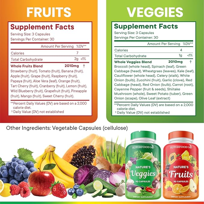 Superfood MD Fruits & Veggies Supplement - Whole Food Natural Superfoods - Supports Energy Levels, with Aloe Vera - Soy Free- 90 Count (Pack of 2)