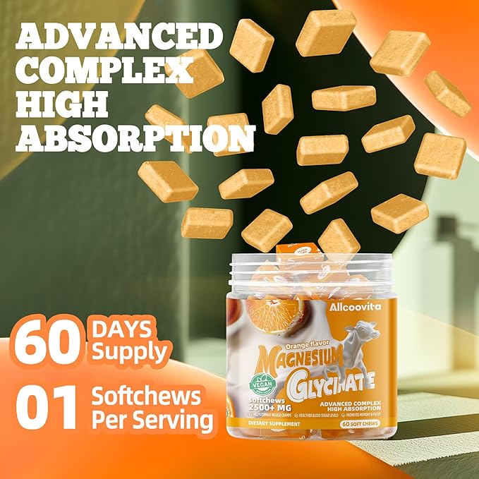 Magnesium Glycinate Soft Chews, Orange Flavor.Chewable Sugar Free Potassium Magnesium Chews with Magnesium Glycinate, Vitamin D, B6, and CoQ10 for Calm Support & Sleep for Adults, 60 Days Supply