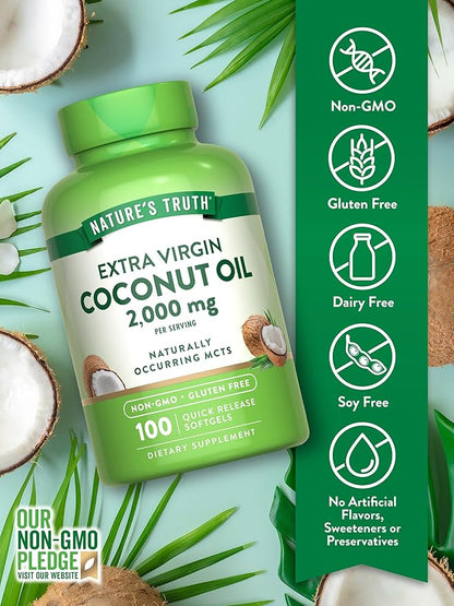 Nature's Truth Coconut Oil Supplement | 100 Softgels | Naturally Occurring MCTs | Non-GMO & Gluten Free